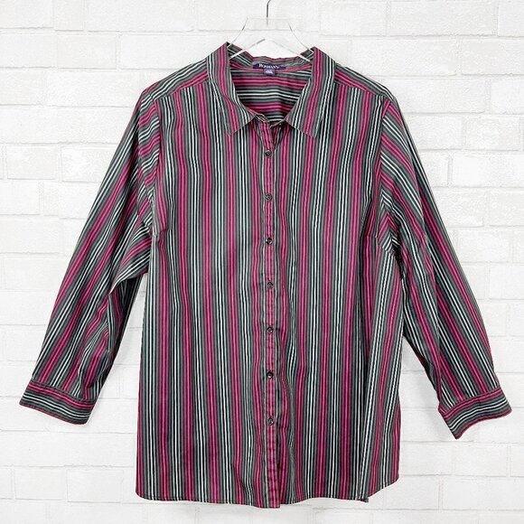 Roaman's Red & Gray Multi Stripe Button Down Shirt Women's Size 22W - Picture 1 of 7